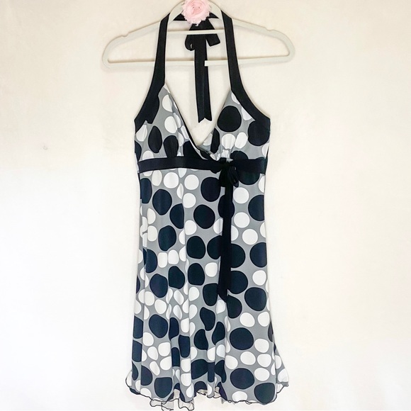 BCX Polka Dot Halter Dress with Peekaboo Ruffle, Black/White/Grey, Medium - Picture 2 of 9